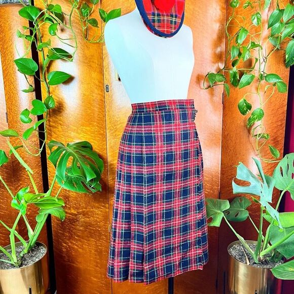 NWT DEADSTOCK 1970’s 70s Vintage Red Wool Plaid Pleated Fringe Kilt Skirt Xs 24w - Picture 10 of 10
